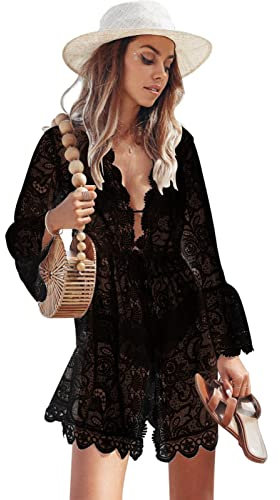 heekpek Women Beach Cover Ups Beachwear Casual Bikini Swimsuit Cover Up Beach Blouses Lace Crochet Bikini Cover Up Boho Beach Dress, Black, Size XL