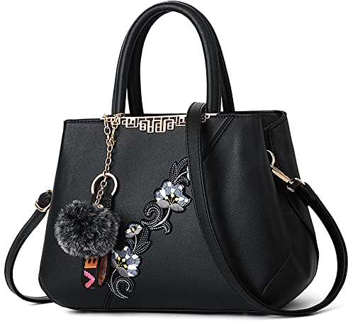 VARLIVOO Handtasche Damen Mittelgroß Elegant Taschen mit Blumenstickerei Leader PU Henkeltasche Frauen Schultertasche Shopper Mit Plüschanhänger fur Reisen Büro Einkauf Schwarze C