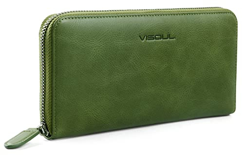 VISOUL Premium Brieftasche Echtleder Italienisches Leder mit RFID Schutz, XL Geldbörse für Herren Damen L02 Grün