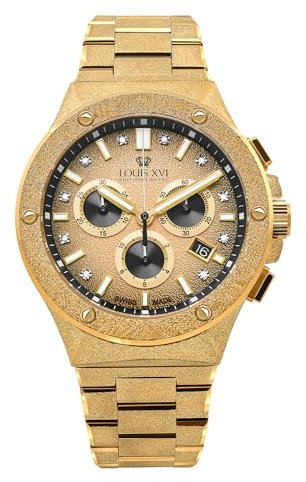 LOUIS XVI Le Monarque Frosted 1213 - Ø 42 mm - Herren Uhr - Wasserdicht - Uhr mit Saphirglas - Armband Gold - Zifferblatt Gold - CH Quarzwerk