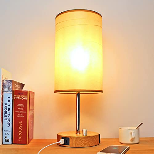 Wondlumi LED Tischlampe, Dimmbar Nachttischlampe mit USB Ladefunktion, Kleine Holzmaserung Tischleuchte E27 mit Schirm für Schlafzimmer Geschenk, inkl. 8W Warmweiß LED-Birne