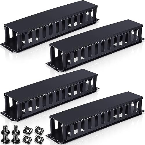Taiyin 4 Pcs 2u Horizontal Mount Cable Management 19 Inch Cable Management Panel 12 Slot Electric Line Rack Duct Organizer Server Raceways with Cover for Wire Network Rack Wall Shelf Mount