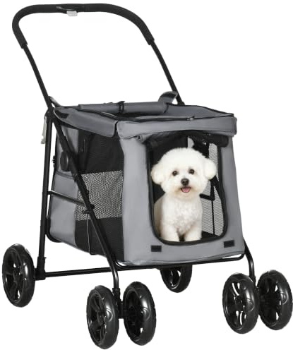 PawHut Dog Pram 4 Wheels Pet Pushchair for Medium Breeds Grey | Dog Stroller, Rolling Door, Cushion, Safety Leashes