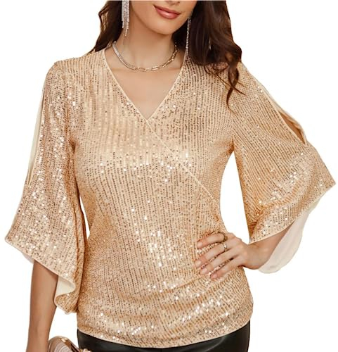 Damen Elegant Pailletten Bluse 9/10 Ärmel Loose Fit Rundhals Tops Casual Sexy Sommer Shirt Sekt Pailletten XXL 2151