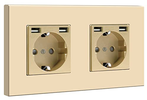 BSEED Enchufe de pared con 4 Puertos USB(Max 2.1A),Oro Schuko Enchufe Doble con Panel de Plastico,toma de corriente con 4x cargadores USB adecuado para Smartphone,Tablet,para Cocina, Dormitorio