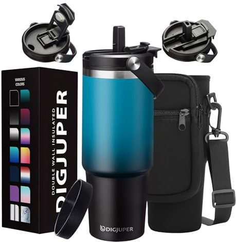 30oz Stainless-steel Tumblers with Lid and straw - Top Handle, Silicone Boot & Bottle Strap Sleeve, 30 oz Insulated Water Bottles that Fits in Cup Holder, Travel Coffee Tumbler Keep Cold 24h/Hot 12h