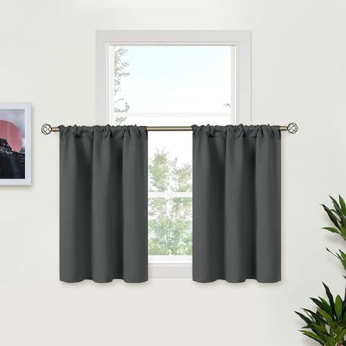 BGment Dark Grey Curtains 36 Inch Length for Kitchen Cafe Window - Small Blackout Drapes Half Window with Rod Pocket for Bathroom RV, 2 Panels, 34 x 36 Inch