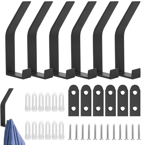 Qobobo Garderobenhaken Schwarz Kleiderhaken Wand Zum Bohren-Schrauben unsichtbar, Garderobenleiste Haken für Garderobe, Jacken, Mäntel, Cap, Schals, Handtaschen,6 Stück