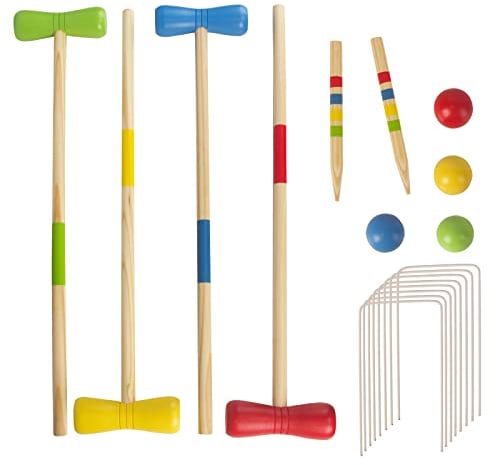 Holz Krocket Set Spiel Crocket für 4 Spieler Kinder Erwachsene Außenbereich Krocketspiel Spielspaß für Jungen Mädchen ab 3 Jahren (Verschiedene)