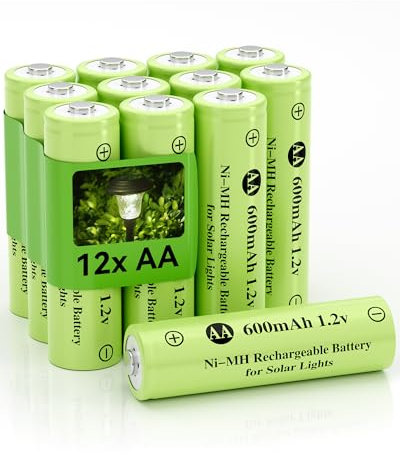 Howardly 1.2v AA Ni-MH Rechargeable Battery, Double A 600mAh 1.2V Rechargeable Battery Pre-Charged, Low Self - Discharge for Outdoor Solar Lights, Lawn Lamps, Ground Lights (AA-600mAh-12pack