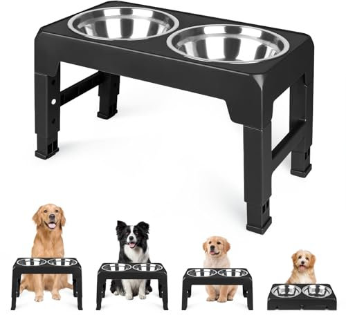 Gamelle Surélevée 2 en 1 pour Chien et Chat - 4 Hauteurs Réglables, Support Anti-Glouton avec Gamelle INOX - Convient à Tous Les Chiens