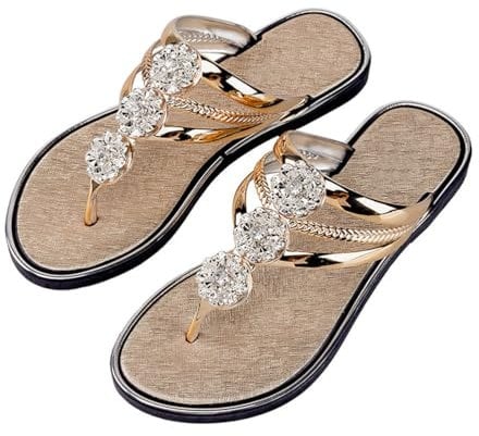 ticticlily Nu Pieds Femme Été Sandales Plates Strass Boho Tong Chaussures de Plage Pantoufles à Bout Ouvert Confortables Flip Flop H Or 45 EU