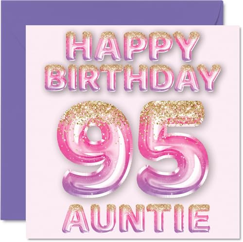 95th Birthday Card for Auntie - Pink & Purple Glitter Balloons - Happy Birthday Cards for 95 Year Old Aunt Aunty from Nephew Niece, 145mm Bday Greeting Cards Gift