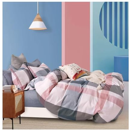 Alpes Blanc - Housse de Couette réversible Carreaux Bleu et Rose Percale de Coton 220x240 cm + 2 taies carrées