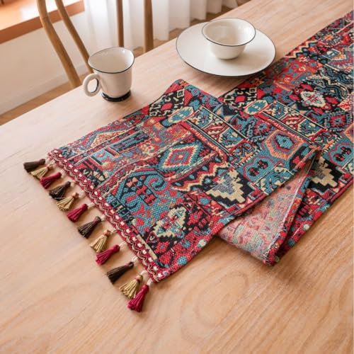 Clothfuna Bohemia Tischläufer, ethnischer Boho, roter Tischläufer, geometrischer Jacquard-Stoff, Tischläufer für Küche, Esstisch (33 x 120 cm)