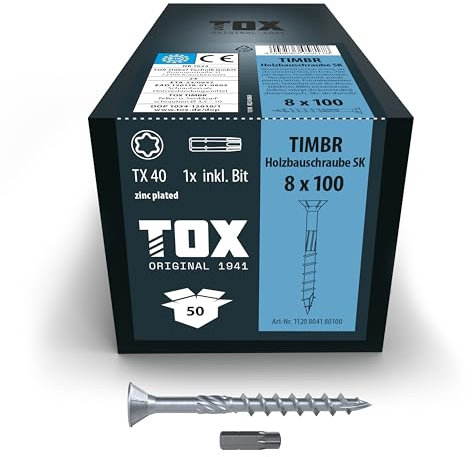 TOX Vis TIMBR SK 8,0 x 100 mm, zinguées bleues à tête fraisée, TX40, vis pour vissage léger et montages à fleur dans la construction en bois, 50 pièces dans un carton, 1x embout inclus, 1120404180100
