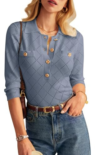 Lady's Business Office Work Knit Tops Fashion Polo Shirts Solid Lapel Collar Knitwear Soft Ribbed T Shirt Gray Blue L