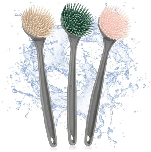 com-four® Brosse à Vaisselle 3X - Aide de Cuisine avec Poils en Silicone - Brosse à Vaisselle pour Assiettes, poêles, casseroles - Brosse à Vaisselle avec Manche 28 cm [la sélection varie]