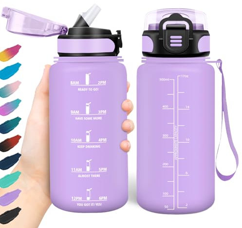 HoneyHolly Trinkflasche 500ml, Auslaufsicher, Wasserflasche BPA-Frei, Motivierende mit Zeitmarkierung, Trinkflasche mit Strohhalm, Trinkflasche Sport für Kinder, Fahrrad, Fitness, Schule, Büro
