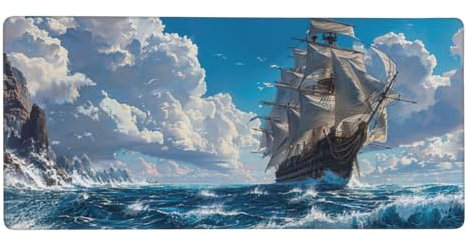 Segelboot Mauspad XXL 1000x500x3mm, Groß Gaming Mauspad Wellen Design Vernähte Kanten, Wetterfest Anti Rutsch Mousepad Gaming Zubehör PC Laptop verbessert Präzision und Geschwindigkeit für Home Office