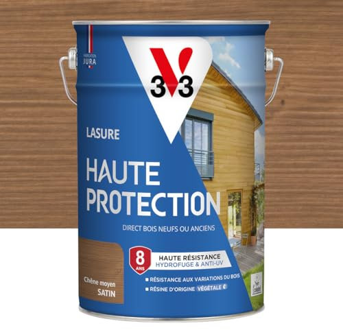 V33 Lasure Bois extérieur Chêne moyen satin - Haute Protection 8 ans - Haute résistance hydrofuge et anti-UV - Résiste aux variations du bois - Ecolabel, résine d'origine végétale - 5L