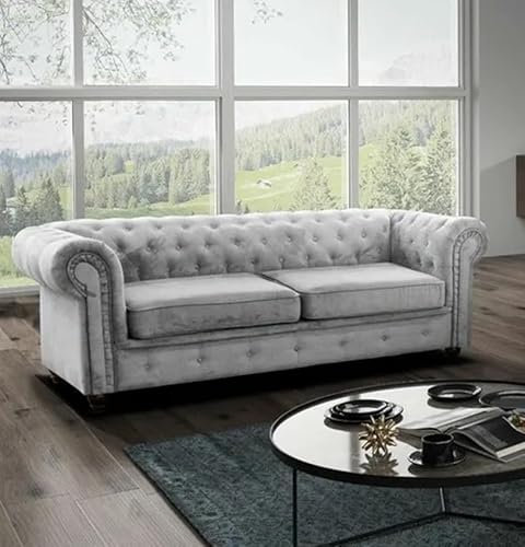 Easy4You Chesterfield Silber Velvet 3-Sitzer Sofa 225x74x88 cm Sofas für Wohnzimmer Sofagarnituren mit Holzfüße Set Sofas & Couches