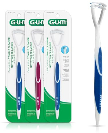 GUM Pulisci lingua – Spazzola per lingua a doppia azione con setole morbide, con raschietto per lingua per una migliore igiene orale, trattamento dell'alito cattivo (3 pezzi)