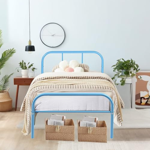 Homy Casa Single Bed Frame Metal Slatted Bed with Headboard and Footboard, Strong Iron Bedstead Base for Adults/, Teenagers, BLUE