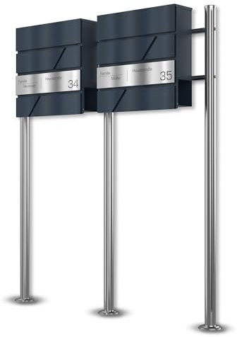Graviers Design Doppelbriefkasten freistehend in Anthrazit RAL 7016 mit Standfuß - Postkasten personalisiert Edelstahl Lasergravur Name Hausnummer Straßenname - Schloss Zeitungsfach Design 2