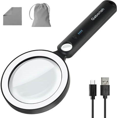 GABORISH Große Lupe mit Licht USB Aufladbar, 10X 30X Leselupe mit Licht für Senioren Groß, 36 LED & 5 Lichtmodi Vergrößerungsglas, Glaslinse Handlupe für Lesen, Inspektion (Weiß & Schwarz)