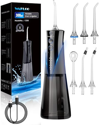 Jet Dentaire Hydropulseur, 5 Modes, 6 Embouts, Rechargeable, Portable, Réservoir de 300ML, Flosser Électrique, Étanchéité IPX7, Nettoyage des Dents Idéal pour Maison et Voyage (Noir)