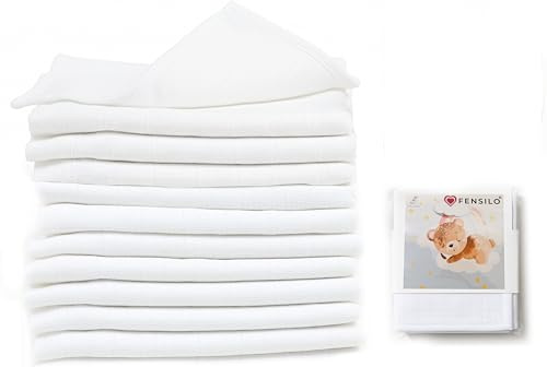 FENSILO Musselintücher sehr weiche Dicke Mulltücher Spucktücher Mullwindeln Premium-Qualität 10er 60x60cm Baby Stoffwindeln für Jungen und Mädchen weiß