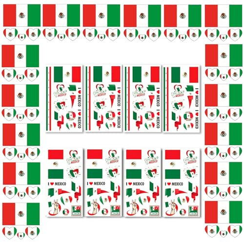 AhfuLife 24 Blätter Mexiko Nationalflagge Tattoo Aufkleber, Mexikanische Dekoration Temporäre Tattowierung Set Wasserdichter Gesichts Tattoos Sticker für National Fans Fußball WM Party Dekoration