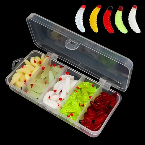 Künstliche Köder Würmer Fisch,50 Stück Angel Köder Angelzubehör,Forellenköder,Kunststoffwürmer Angelköder in Box,Fischköder für Forelle Crappie, Brot Würmer - 0,8 Zoll