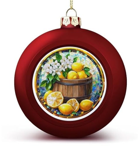 Buntglas-Holzfass mit gelben Zitronen, Weihnachtskugel, Ornamente, bruchsicher, hängende Weihnachtskugeln für Weihnachtsbaumdekoration, rote Weihnachtsbaumkugeln für Urlaub, Hochzeit, Party