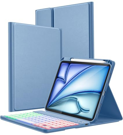 Vobafe Hülle mit Tastatur für iPad A16 11 Generation 2025/10 Gen 2022 10,9 | für iPad Air 11 Zoll M4 2026/M3/M2, Air 5/4 Gen, Pro 11 4/3/2/1, Bunte Beleuchtung,Abnehmbare,QWERTZ,mit Stifthalter,Blau