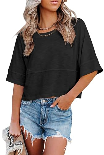 DUOEASE Camisetas Manga Corta Mujer Cuello Crew Casual Camiseta Mujer Loose Fit Sólido Top Básica Verano T-Shirt