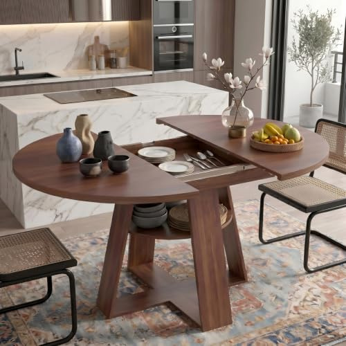 GAWYOEX Esstisch rund ausziehbar 100/140x40x75cm,Küchentisch für 2-6 Personen,Couchtisch/Esszimmertisch-Holztischplatte und Eisenbeine,Runder Tisch/Ausziehtisch für Küche, Wohnzimmer (Nussbaumfarbe)