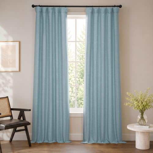 HPD Half Price Drapes Bellino Textured Faux Linen Room Darkening Curtains 96 Inches Long (1 Panel), Curtains for Bedroom & Living Room, 50W x 96L, Gulf Blue