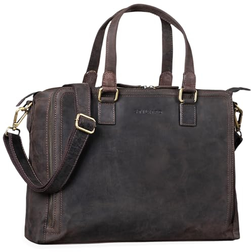 STILORD 'Claire' Sac Business Femme en Cuir Véritable 15 Pouces | Cartable | Sacoche pour Ordinateur Portable DIN A4 | Sac à Bandoulière et à Main pour Bureau, Couleur:Marron - foncé