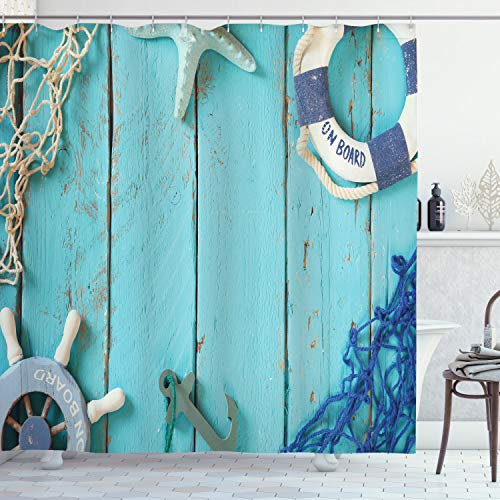 ABAKUHAUS Nautisch Duschvorhang, Nautical Ozean-Landschaft, Stoffliches Gewebe Badezimmerdekorationsset mit Haken, 175 x 240 cm, Türkis Marineblau