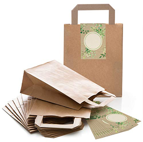Logbuch-Verlag 25 Henkeltaschen aus Kraftpapier braun + 25 Vintage Aufkleber grün beschriftbar Gastgeschenk Mitgebsel Geschenktüte Hochzeit Vintagedeko natürlich