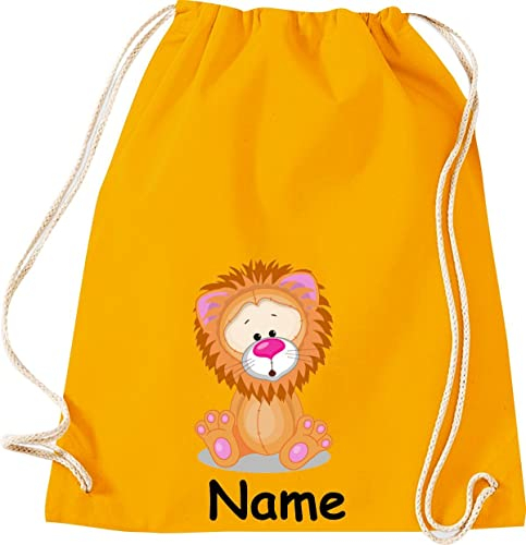 Shirtinstyle Turnbeutel Tiere Löwe mit Wunschnamen, Beutel Tasche Hort Kita, Farbe Mustard