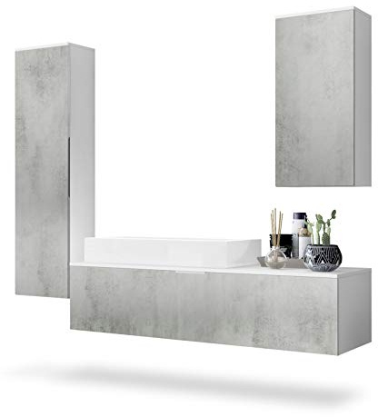 Vladon Badmöbel Komplettset Beach, Made in Germany, Korpus in Weiß matt/Fronten in Beton Oxid Optik, mit Aufsatzwaschbecken