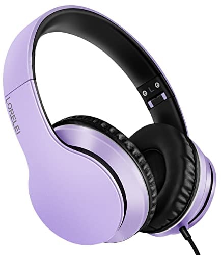 LORELEI X6 Over-Ear Headphones With Microphone, Lightweight Foldable & Portable Stereo Bass With 1.45M No-Tangle Wired for Smartphone Tablet MP3/4 (Purple)