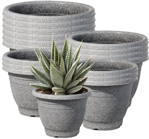 VR7 2 x Large Planter Round Plastic Garden Flower Plant Herb Pot Contemporary Design Style - Indoor and Outdoor (Black (Graphite), Pack of 2) (34cm)