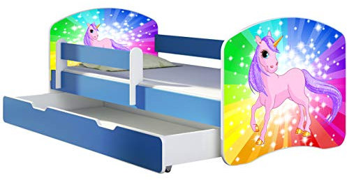 ACMA Kinderbett Jugendbett mit Einer Schublade und Matratze Blau mit Rausfallschutz Lattenrost II 140x70 160x80 180x80 (18 Pony Regenbogen, 160x80 + Bettkasten)