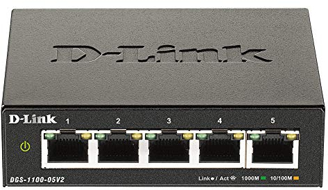 D-Link DGS-1100-05V2 5-Port Gigabit Smart Switch (10/100/1000 Mbit/s, lüfterlos, Metallgehäuse), Schwarz