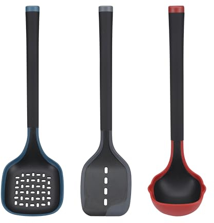 Bergner Set utensilios de cocina 3pcs: cazo para sopas o caldos, espumadera y espátula, en silicona, colección Essence, Multicolor