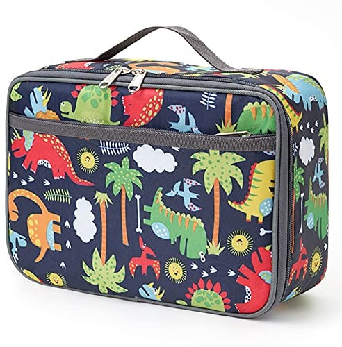 Pretty Jolly Mini Kids Lunch Box, Insulated Reusable Lunch Bag for Girls & Boys, Thermal Meal Container Tote with Waterproof Liner, Hot or Cold Snacks Lunchbox for School,Work,Picnic (Dinosaur-01)